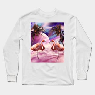 Cute Colorful Flamingo Palm Tree Long Sleeve T-Shirt